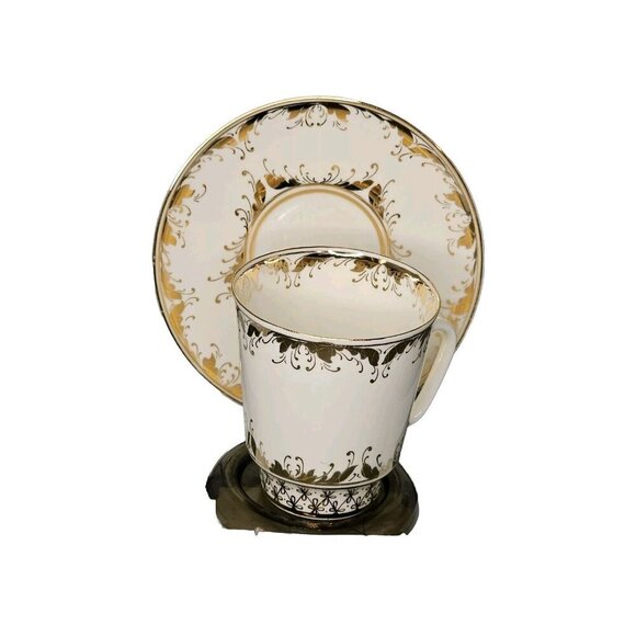 VTG Lomonosov White Heavily Gold Gilded porcelain coffee/tea Cup Saucer Set - Picture 1 of 9